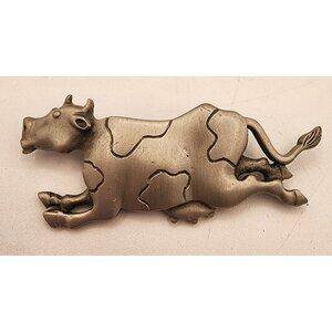 Vintage Leaping Cow Brooch. Pewter JJ Jonette Farm Animal Brooch 80s Whimsical